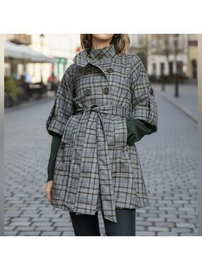 Y2K Hazel Plaid Double-Breasted Coat Women’s Small Boxy Sleeves Belted Mock Neck